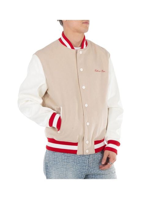 Balmain Natural Classic Wool Varsity Jacket With Signature Embroidery For for men