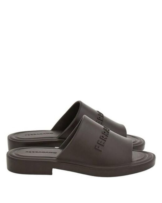 Ferragamo Brown Giuneva Logo Embossed Slides for men