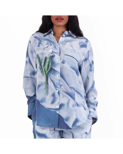 Victoria Beckham Blue Floral Satin Pyjama Shirt, Brand Size 6 (Us