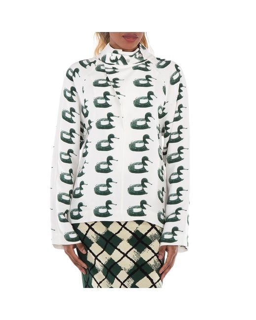 Burberry Green Waterbird Print Viscose Blouse, Brand Size 8 Us