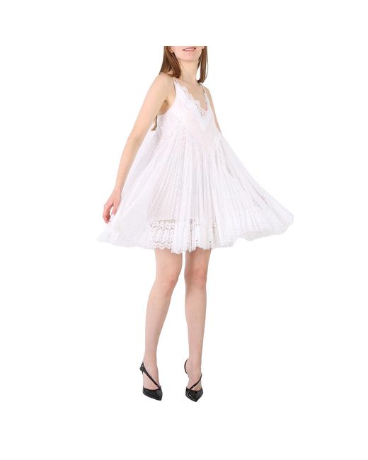 Burberry White Ladies Optic Fishnet And Lace Pleated Dress With Silk Slip, Brand Size 4 (Us