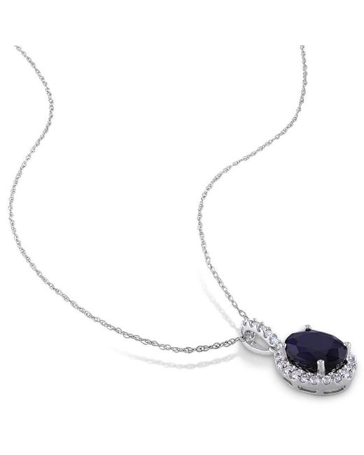 Amour Blue Oval Diffused Sapphire And 1/4 Ct Tw Diamond Halo Pendant With Chain for men