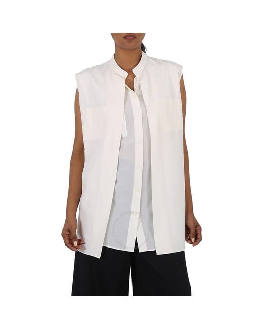 Burberry White Neutral Suziesl Crepe De Chine Logo Detail Sleeveless Silk Shirt
