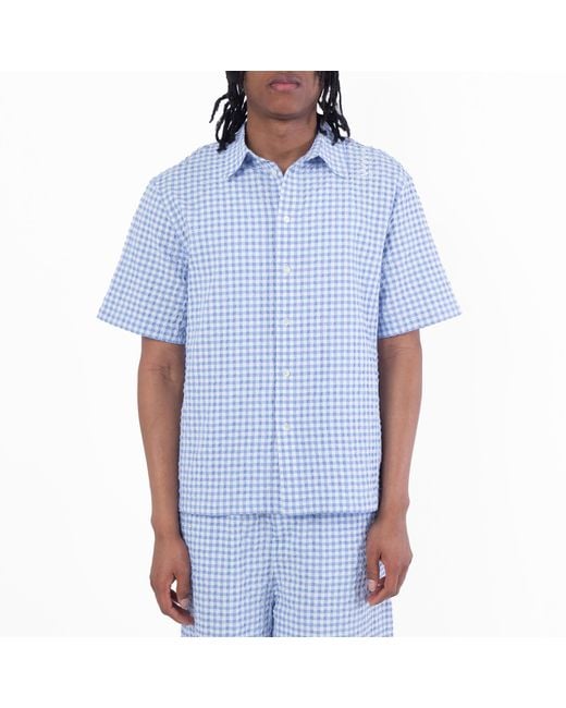 Marni Blue Seersucker Short-Sleeved Checked Shirt for men