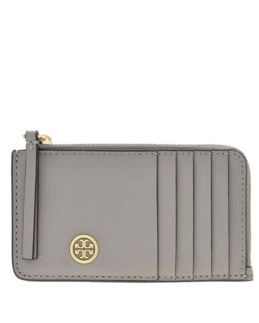 Tory Burch Gray Robinson Top-Zip Leather Card Case
