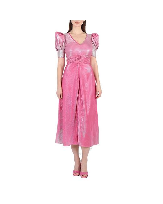 ROTATE BIRGER CHRISTENSEN Silvery Pink Glo Puff-sleeve Midi Dress