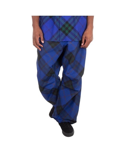 Burberry Blue Straight Leg Checkered Twill Trousers for men