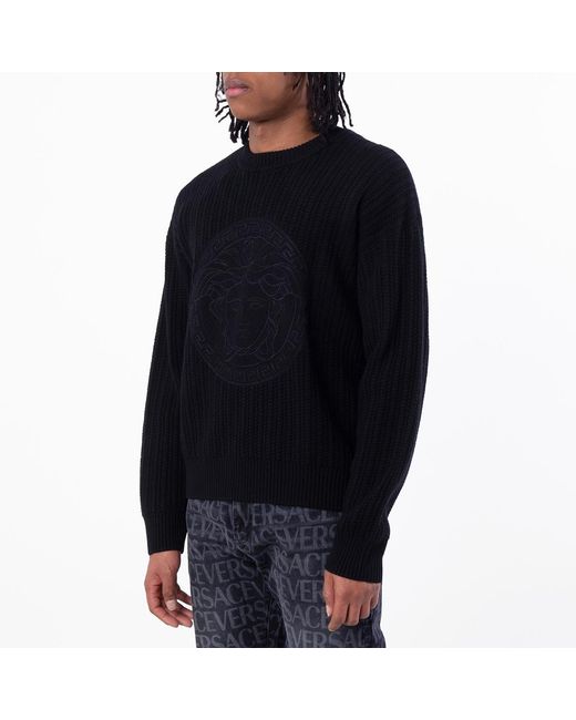Versace Black Cable Knit Medusa Embroidered Sweater for men