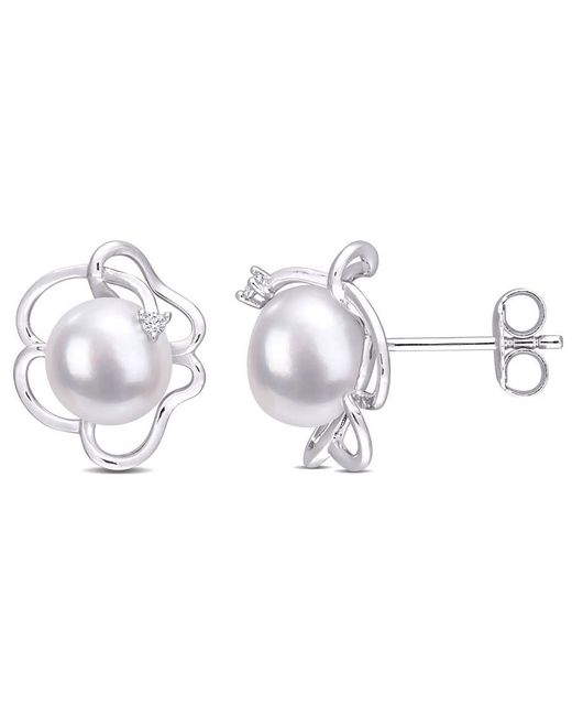 Amour Metallic 7.5-8Mm Freshwater Cultured Pearl And Created Sapphire Floral Stud Earrings
