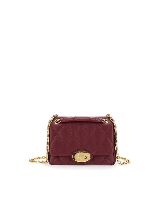 Burberry Red Bordeaux Quilted Crossbody Bag With Ekd Plaque On The Front And Chain-Link Shoulder Strap