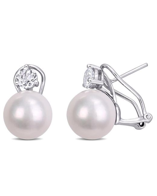 Amour White 11-12Mm Cultured Freshwater Pearl And 1 1/6 Ct Tgw Topaz Earrings