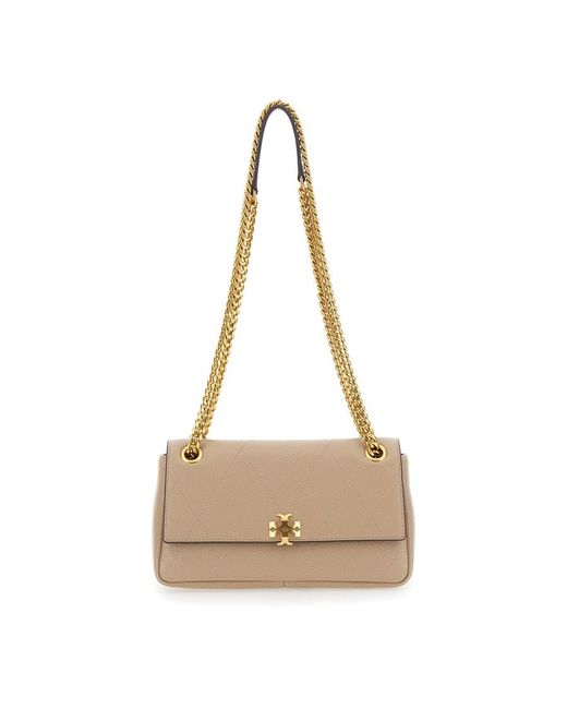 Tory Burch Natural Charlie Crossbody Bag With Chain Strap And Logo Plate On Front Quilted Suede For Cow