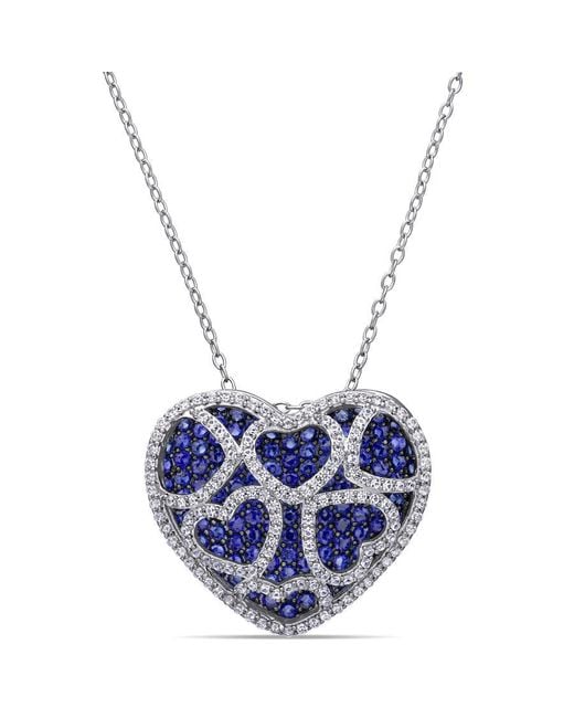 Amour Blue 4 Ct Tgw Created And Created Sapphire Heart Cluster Necklace for men
