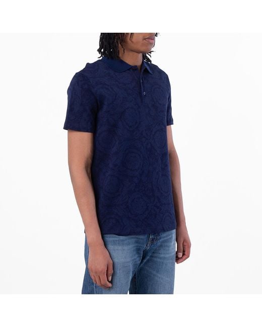 Versace Blue Barocco Cotton Pique Polo Shirt for men