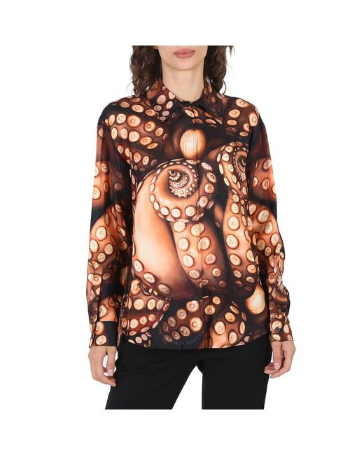Burberry Brown Silk Twill Octopus Print Long-sleeve Oversized Shirt