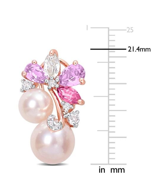 Amour Pink Cultured Freshwater Pearl & 2 1/2 Ct Tgw Rose De France And Topaz Earrings In18K Rose Plated Sterling