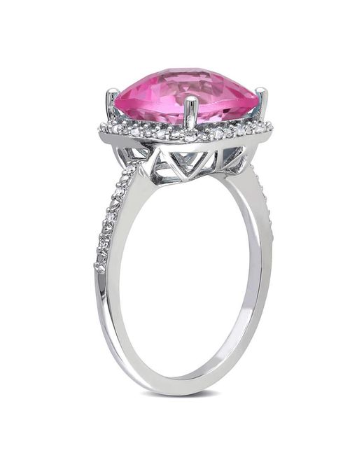 Amour Pink 1/10 Ct Tw Diamond And 5 3/4 Ct Tgw Cushion Cut Created Sapphire Halo Ring for men