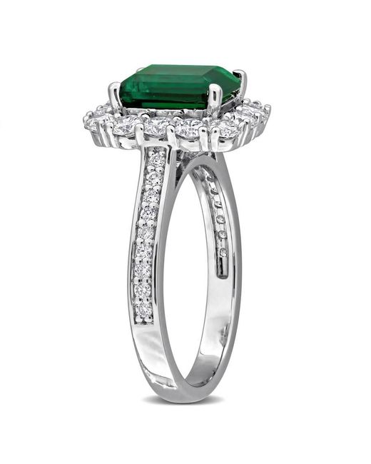 Created Forever Green 2 1/3Ct Tgw Created Emerald And 1 1/6Ct Tw Lab-Grown Diamond Halo Ring