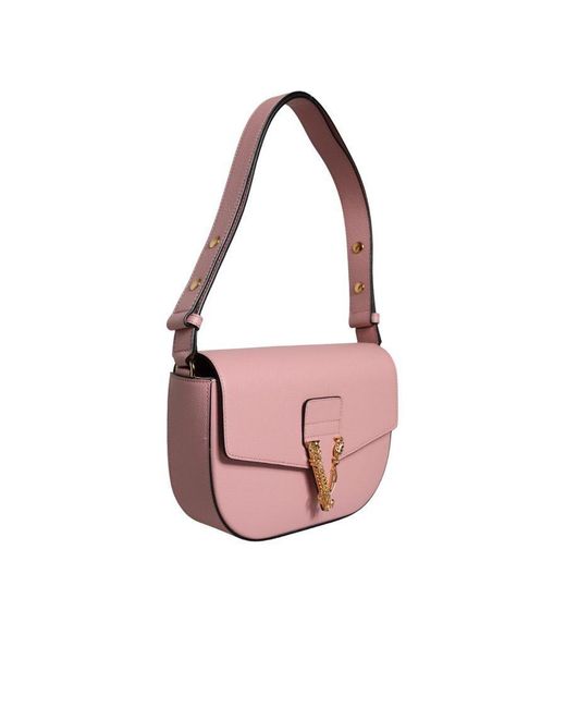Versace Pink Grainy Calf Leather Logo Crossbody Shoulder Bag
