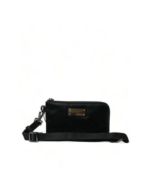 Dolce & Gabbana Black Nylon Logo Plaque Keyring Pouch Clutch Bag Leather