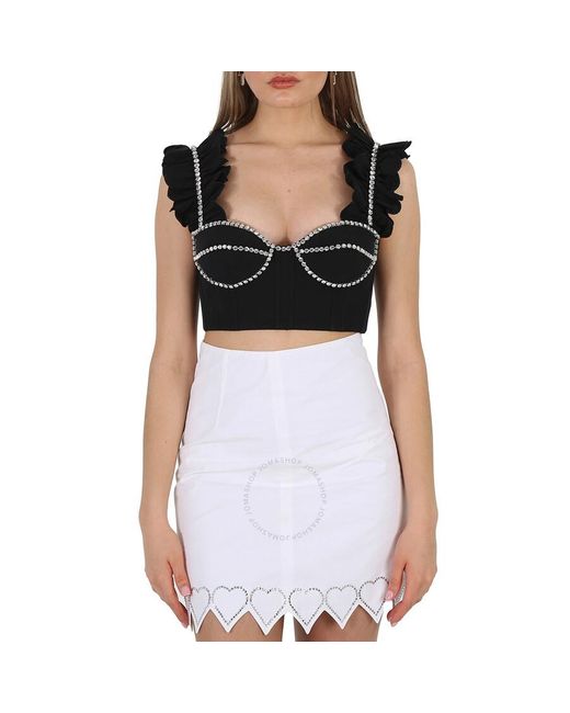 Area Black Crystal Embellished Poplin Ruffle Bustier Cropped Top