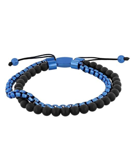 Robert Alton Blue Stainless Steel Matte Onyx Bead Bolo Bracelet for men