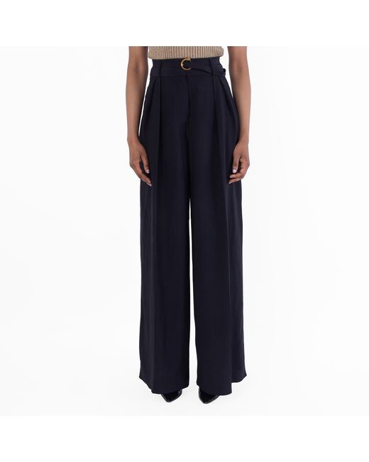 Ferragamo Blue Belted Wide-Leg Silk Trousers, Brand Size 38 Us