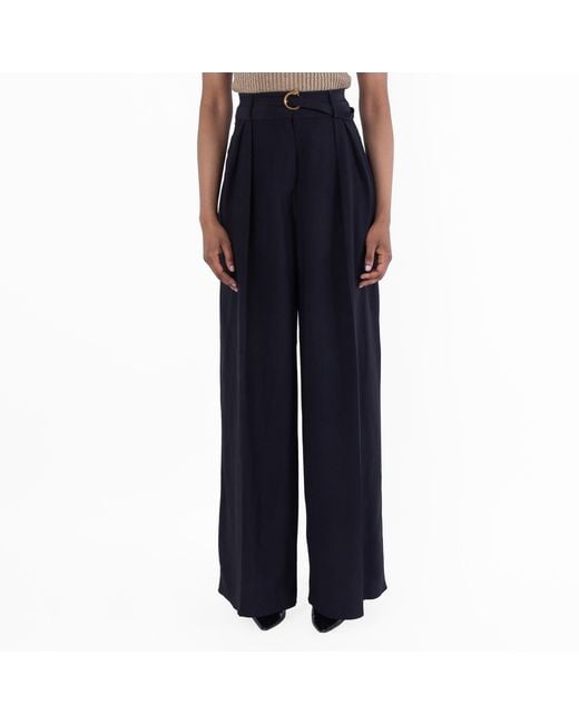 Ferragamo Blue Belted Wide-Leg Silk Trousers, Brand Size 38 Us