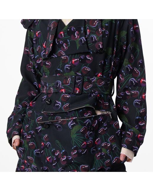Burberry Blue Cherry Print Belted Trench Coat, Brand Size 6 Us