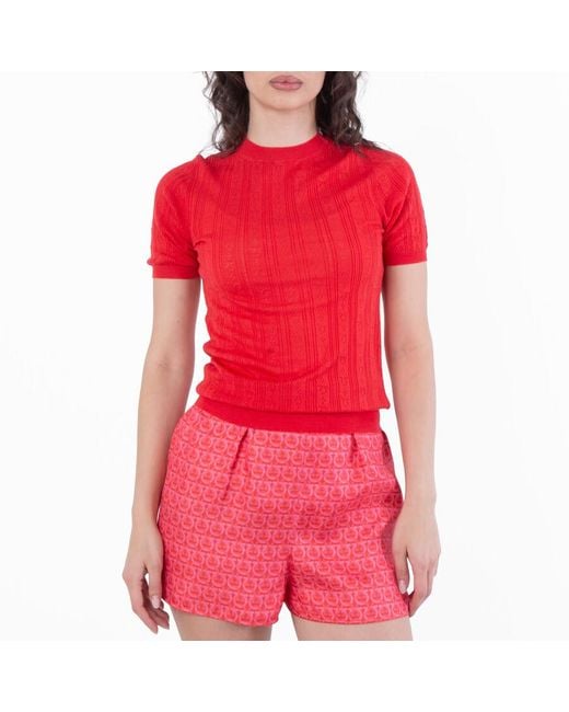 Ferragamo Red Ferragamo Short-Sleeved Gancini Motif Knit Top