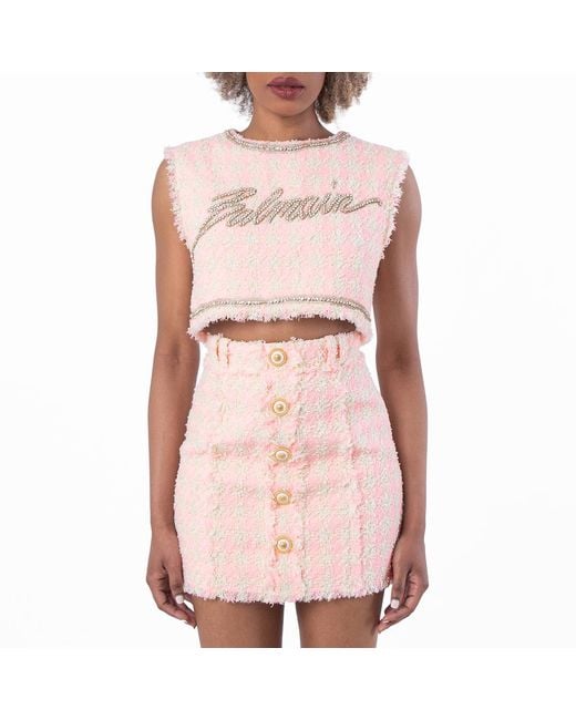 Balmain Pink Embellished Logo Tweed Crop Top, Brand Size 36 Us