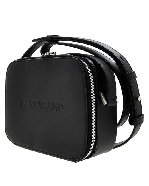 Ferragamo Black Logo Embroided Leather Camera Case for men