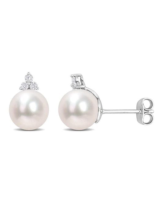 Amour White 8-8.5Mm Freshwater Cultured Pearl And 1/8 Ct Tw Diamond Pearl Stud Earrings