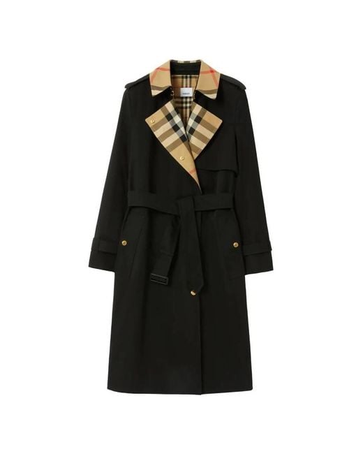 Burberry Black Check Panel Gabardine Trench Coat, Brand Size 6 Us