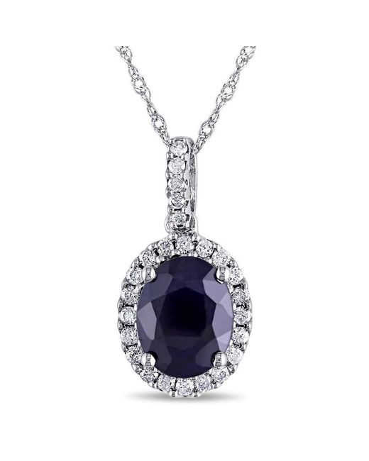 Amour Blue Oval Diffused Sapphire And 1/4 Ct Tw Diamond Halo Pendant With Chain