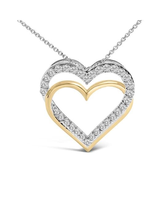 Haus of Brilliance Metallic 14K Plated Sterling 1.00 Cttw Diamond Double Heart Pendant Necklace