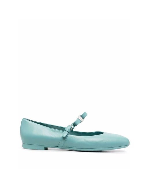 Ferragamo Blue Bow-Detail Leather Ballerina Shoes