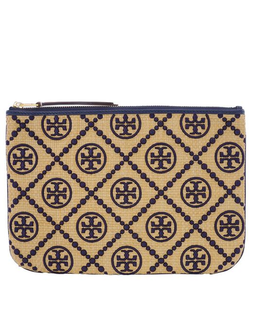 Tory Burch Metallic T Monogram Embroidered Straw Pouch