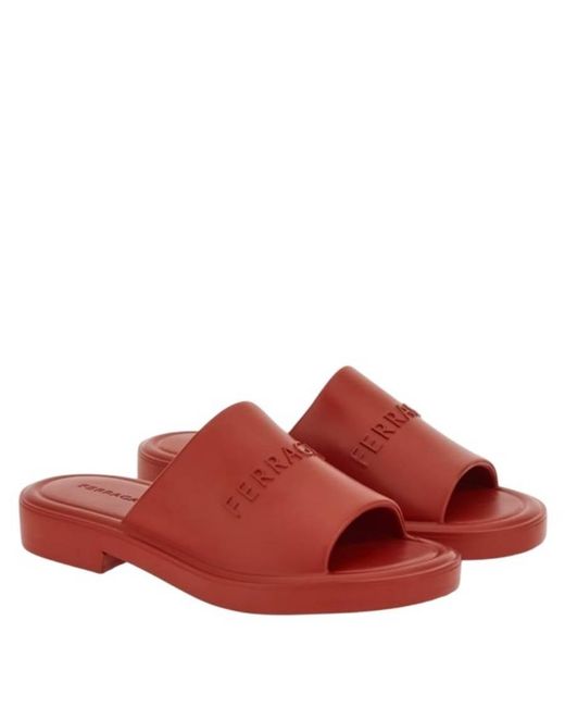 Ferragamo Red Giuneva Logo Embossed Slides for men