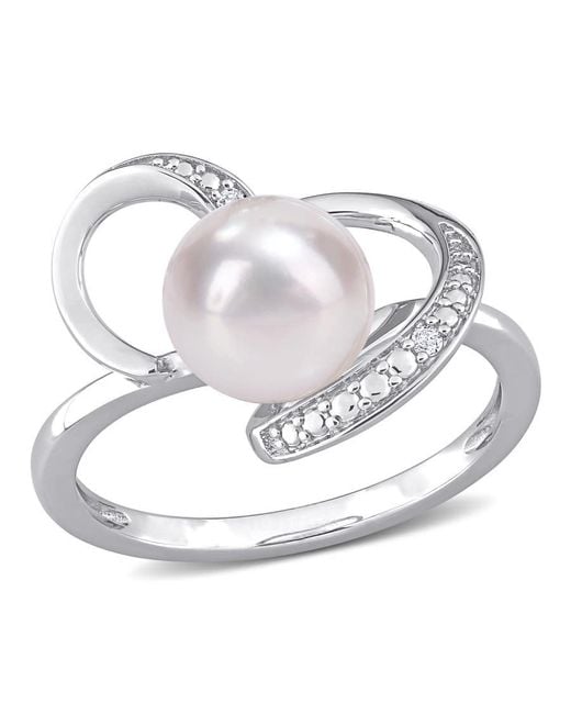 Amour Metallic 8-8.5Mm Freshwater Cultured Pearl And Diamond Accent Heart Ring