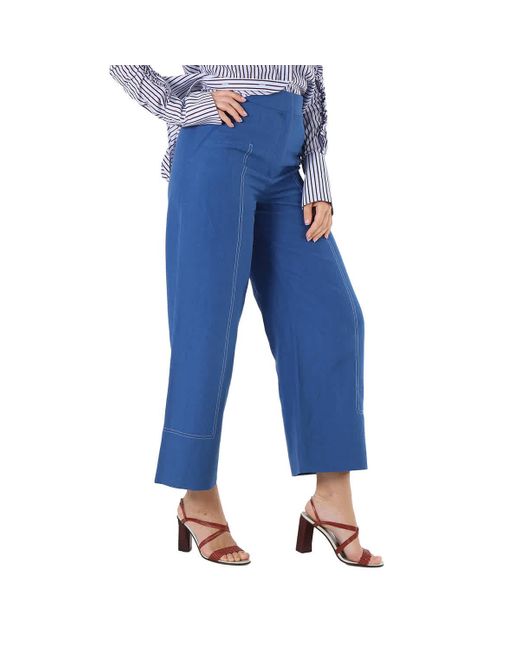 Burberry Blue Wide-leg Topstitched Mohair Linen Silk Trousers