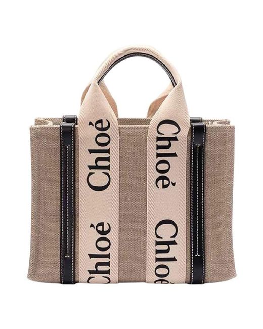 Chloé Brown Woody Small Linen Tote Bag
