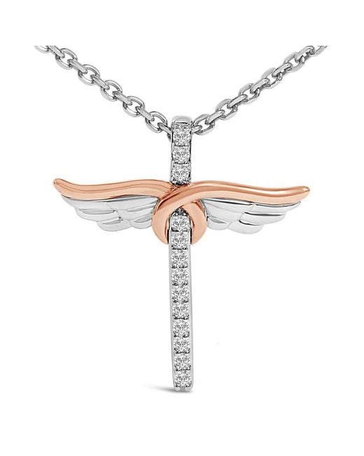 Haus of Brilliance Metallic 14K Rose Plated Sterling 1/5 Cttw Diamond Wing Cross Pendant Necklace