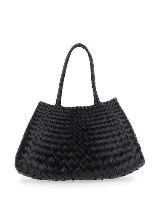 Dragon Diffusion Black Santa Croce Shoulder Bag With Two Top Handles And Ecoleather Woven Design For