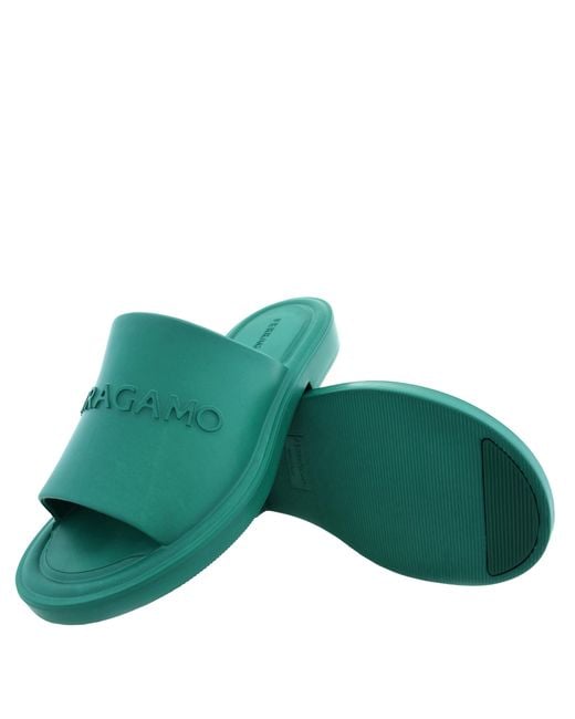 Ferragamo Green Giuneva Logo Embossed Slides for men