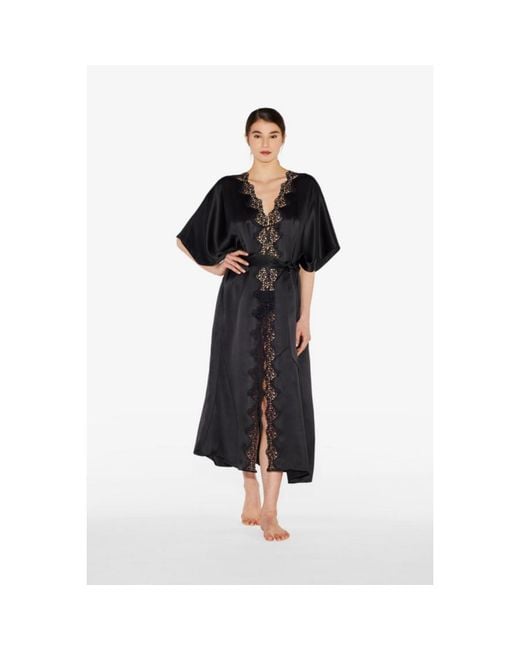 La Perla Black Long Silk Robe With Macram