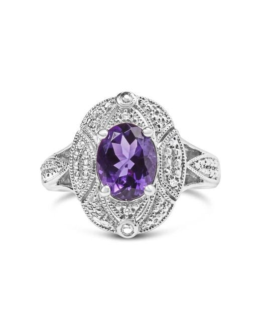Haus of Brilliance Metallic 925 Sterling 9X7Mm Oval Amethyst And Diamond Accent Art Deco Style Cocktail Ring (I-J Color, I1-I2 Clarity)