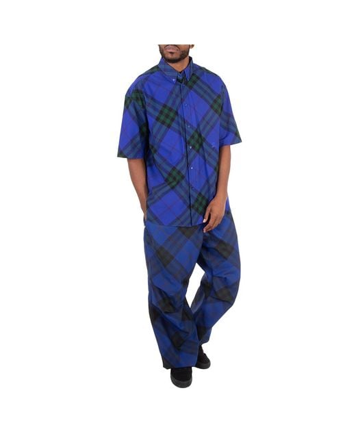 Burberry Blue Straight Leg Checkered Twill Trousers for men