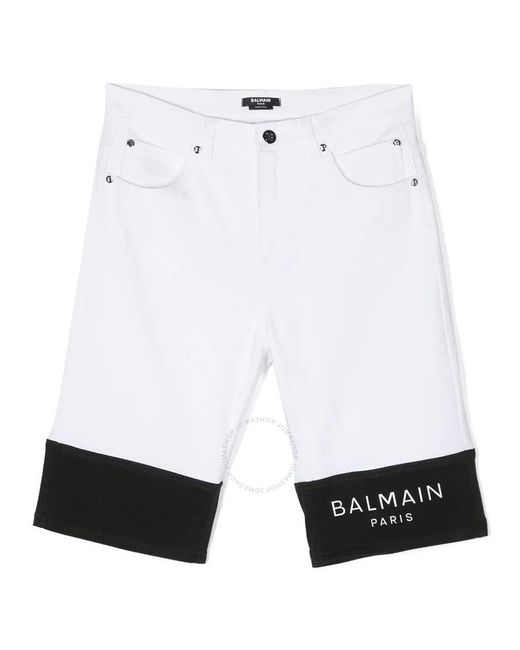 Balmain Boys White / Black Stretch Denim Shorts