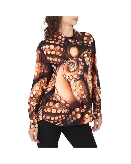 Burberry Brown Silk Twill Octopus Print Long-sleeve Oversized Shirt